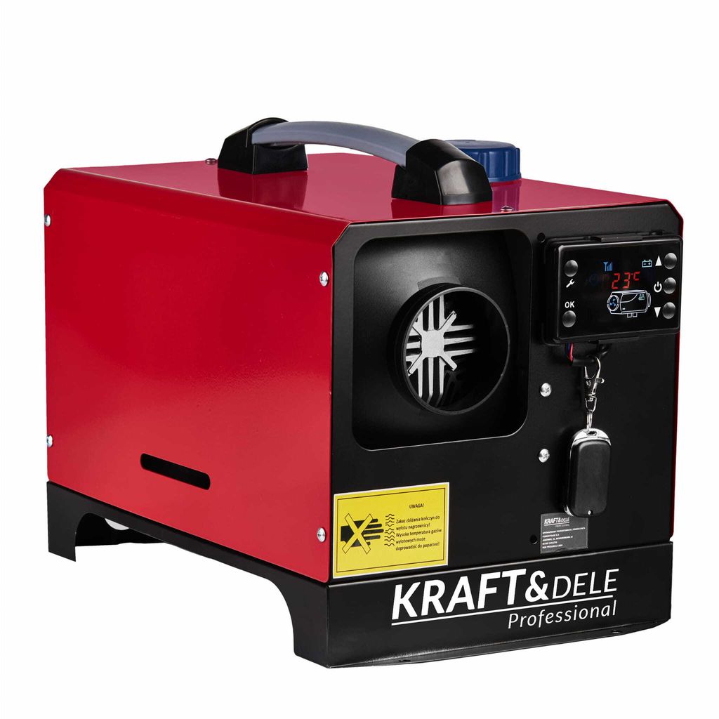 A red and black portable heater with a digital display and remote control.