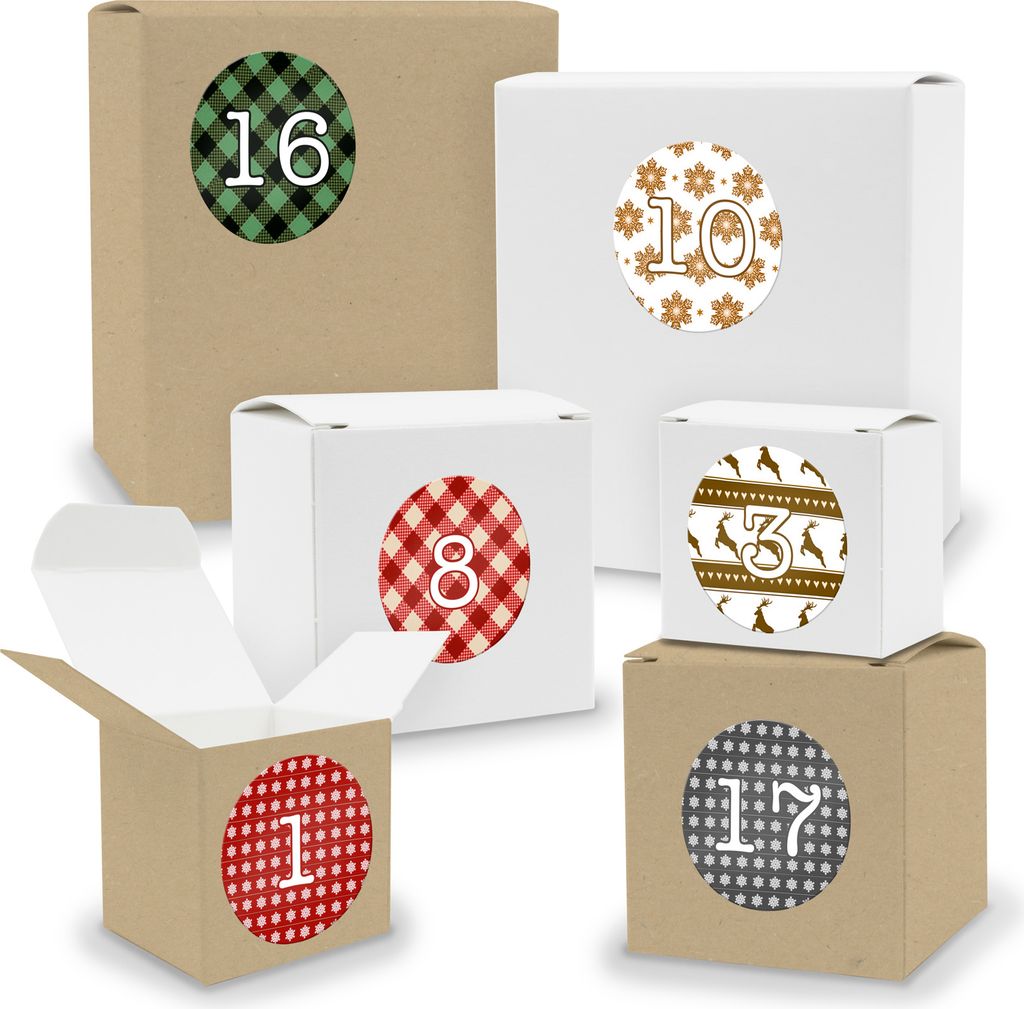 Adventskalender zum Füllen 24x Quader Würfel gemischt WEISS / BRAUN + Sticker (V03 Z06)