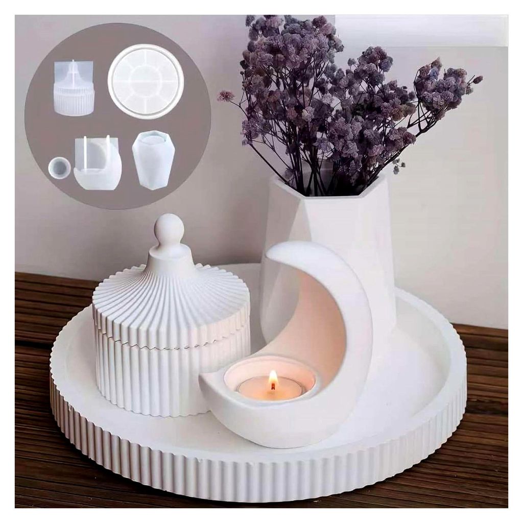 4-teiliges Silikonformen Set – Gießformen für Aufbewahrungsbox, Mond-Kerzenhalter, rundes Tablett und facettierte Vase – DIY Formen für Deko...