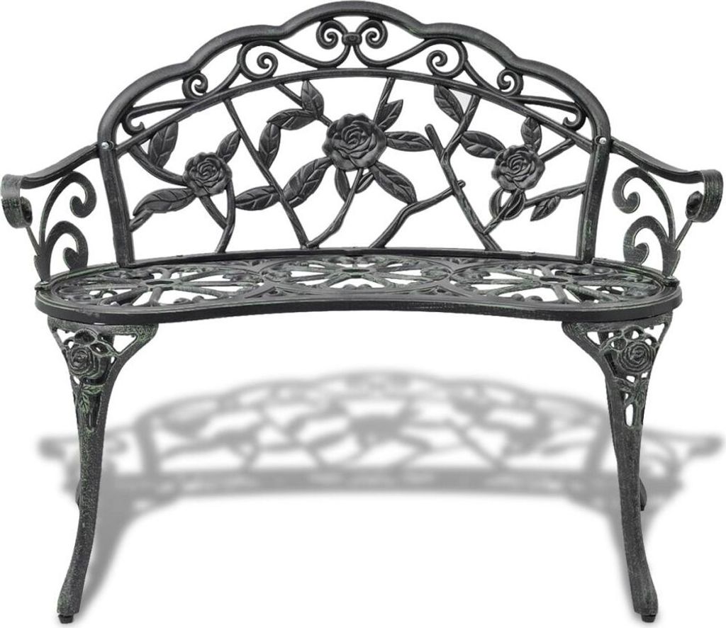 A black cast iron garden bench with a rose motif.