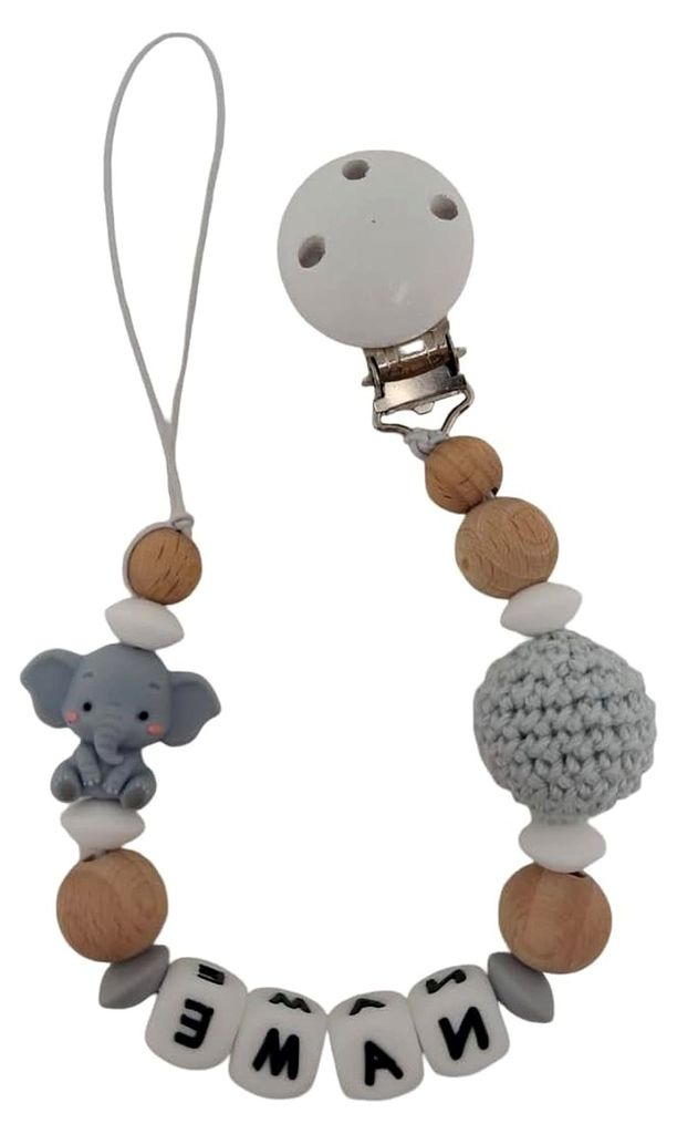 Personalisierte Schnullerkette mit Namen für Mädchen oder Jungen zur Geburt und Taufe (Elefant grau)