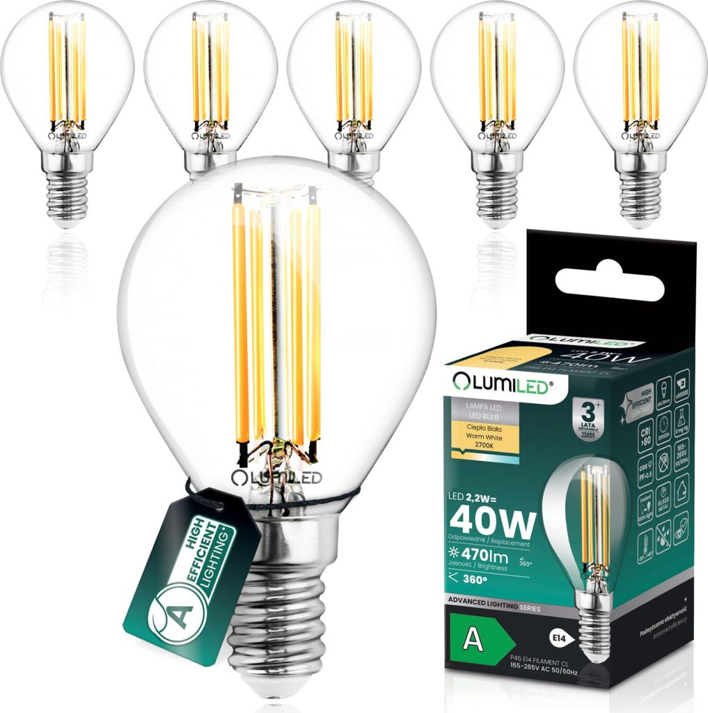 A product shot of LED light bulbs and their packaging, with some bulbs arranged in the foreground and background.