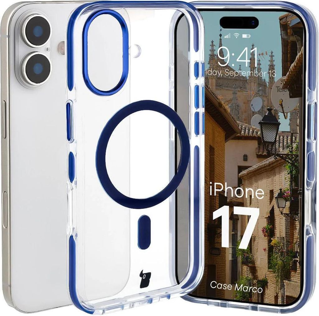 Handyhülle mit Magnetring für iPhone 17, Bizon Case Marco, Transparent mit blauem Rahmen