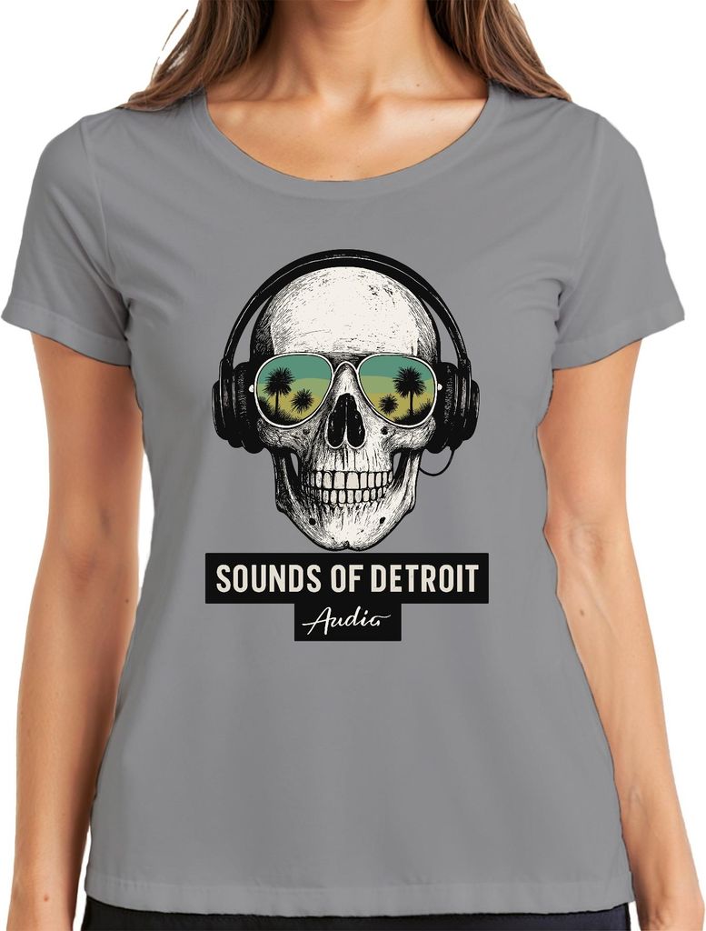 Sounds of Detroit Audio Totenkopf Kopfhörer Techno DJ Retro Club Damen T-Shirt, Grau, L