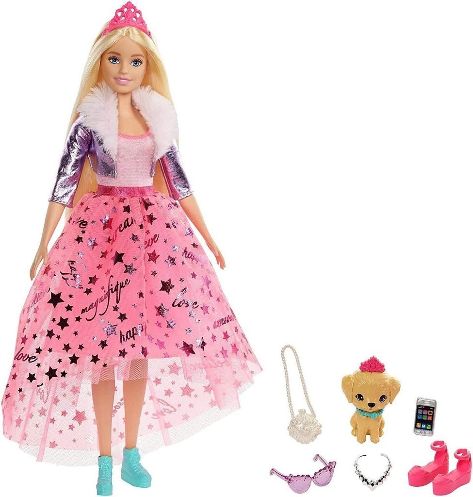 Barbie Anziehpuppe Prinzessinnen Abenteuer Puppe mit Mode (ca. 30 cm), Barbie Puppen mit Hündchen, 2 Paar Schuhe, Diadem und 4 Accessoires 9 -tlg.