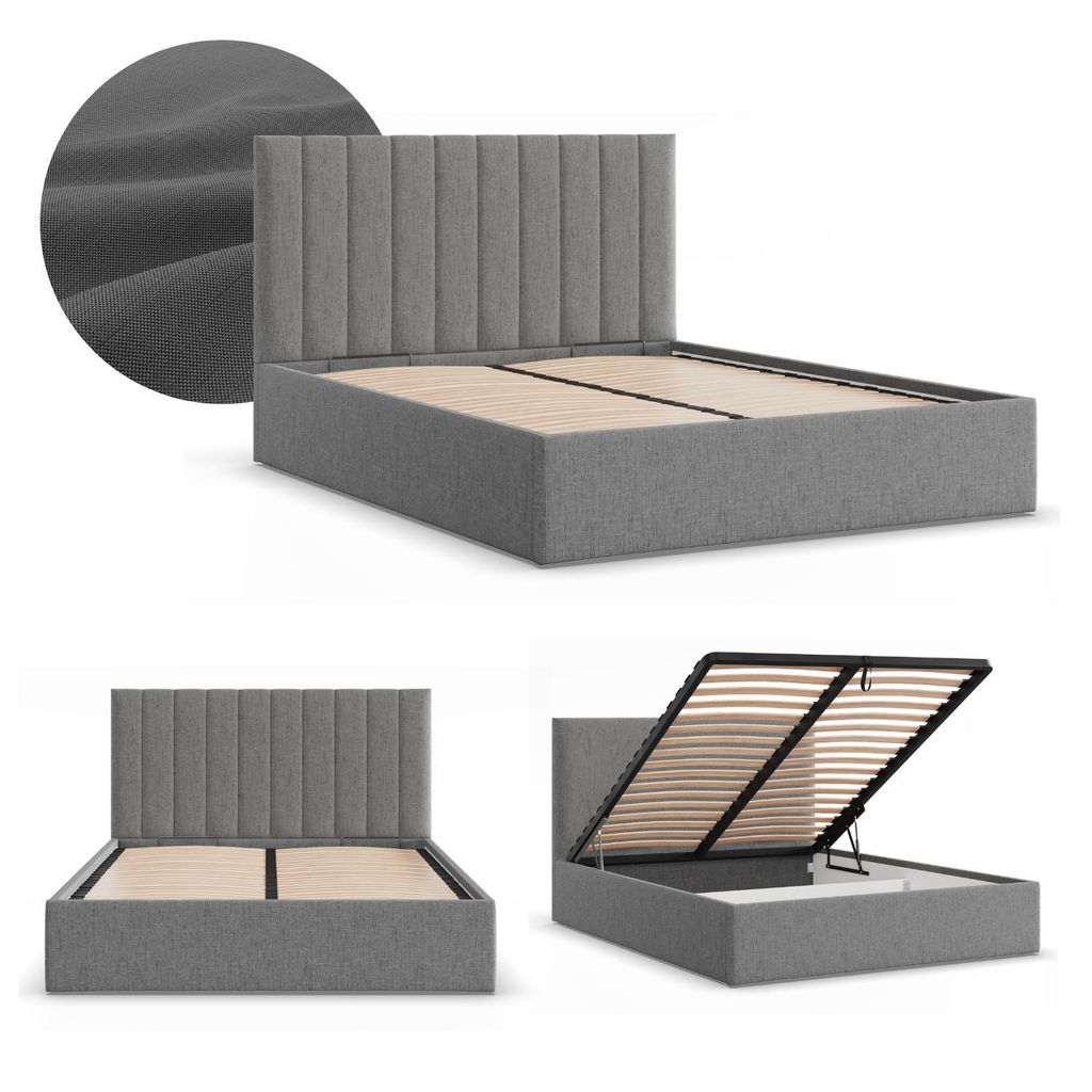 Polsterbett POLLA 160x200 mit Bettkasten, Metall-Lattenrost klappbar, Doppelbett mit Stauraum, Bett mit Kopfteil Dunkelgrau Geflecht
