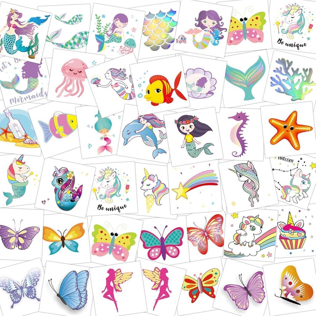 80x glitter tattoo set per ragazze, farfalla sirena Immagine del prodotto 