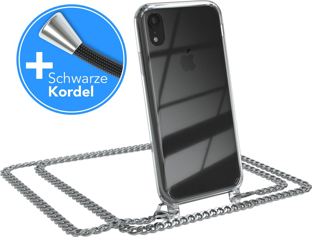 EAZY CASE Metall Handykette für Apple iPhone XR, Handyhülle mit Umhängeband, Silikonhülle, Metallkette für Smartphone in Silber