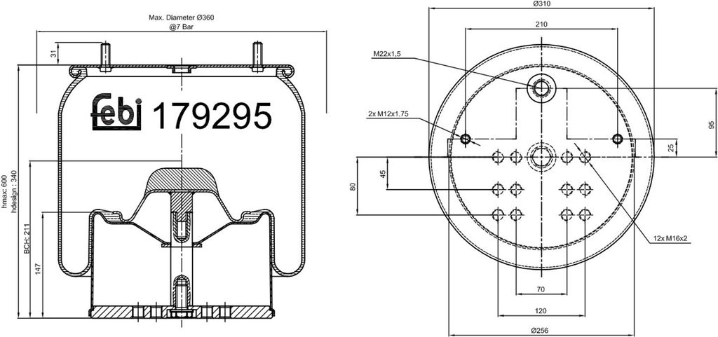 FEBI BILSTEIN Luftfederbalg 179295 340 600mm 310 256mm
