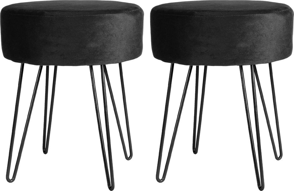 Weicher runder Fußhocker aus Samt mit schwarzen Haarnadelbeinen – Schwarz – 2er-Pack