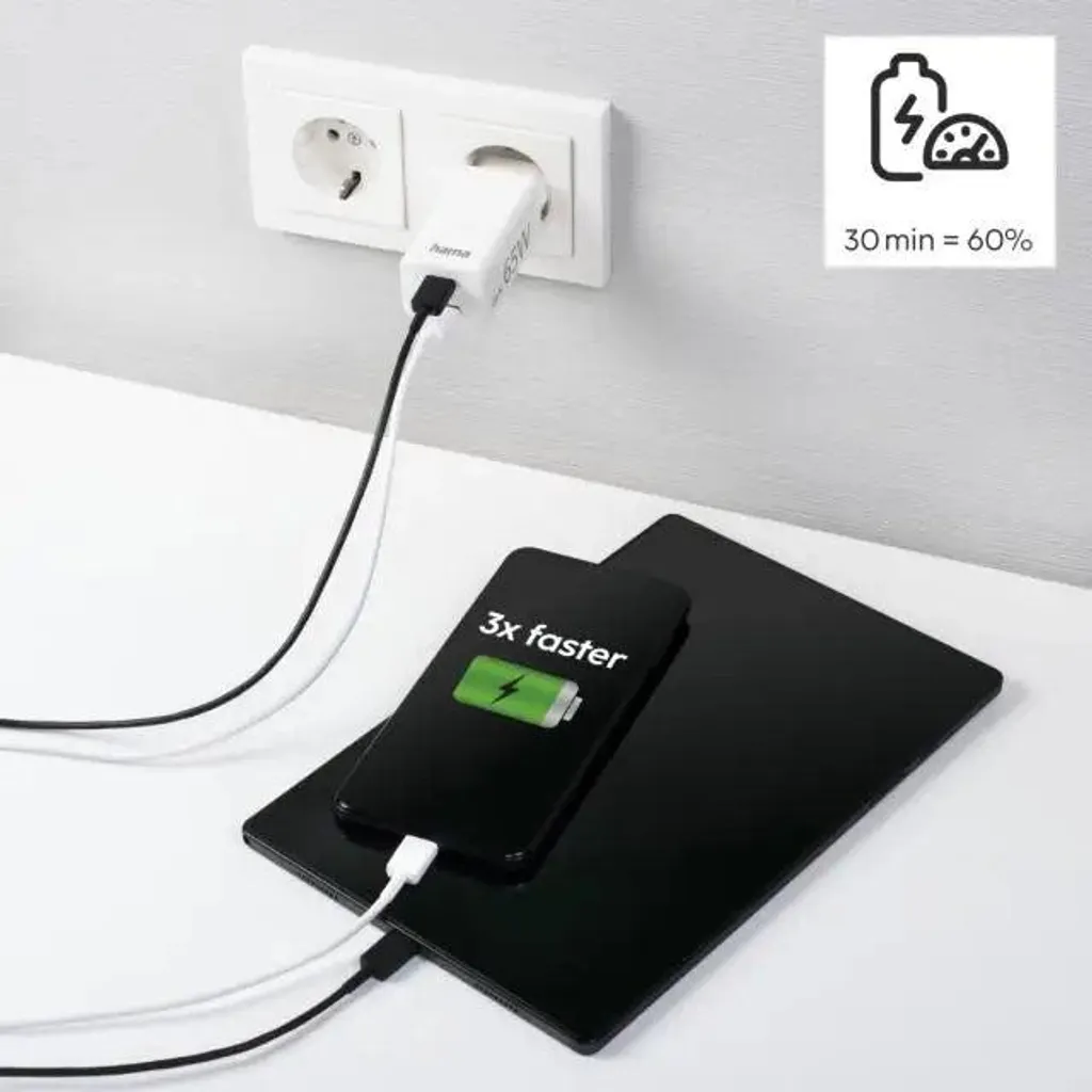 Chargeur PC portable et smartphone 65W USB-C GaN Hama blanc compact - 4