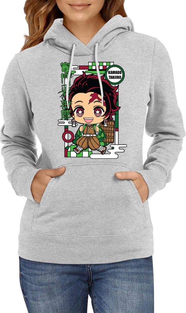 Damen Kapuzenpullover Demon Anime Slayer Kimetsu No Yaiba Chibi Tanjiro Kamado, Lady S / Grau
