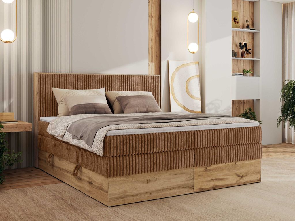 MKS MEBLE Boxspringbett WOOD CLASSIC KING, Doppelbett mit zwei Multipocket-Matratze und Toppper, hohe Kopfteil, Stauraum - 160 x 200 cm - H4 - Oran...