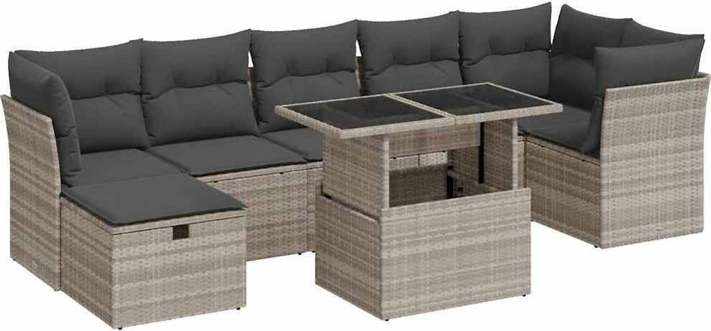 vidaXL 8-tlg. Garten-Sofagarnitur mit Kissen Hellgrau Poly Rattan