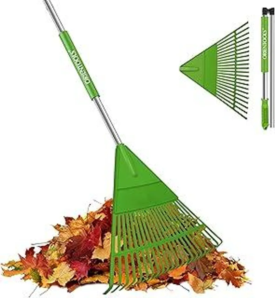 ORIENTOOLS Rastrello da giardino per foglie, regolabile, leggero, manico in acciaio, scopa per foglie in polietilene (regolabile, manico verde chiaro, 22 denti)