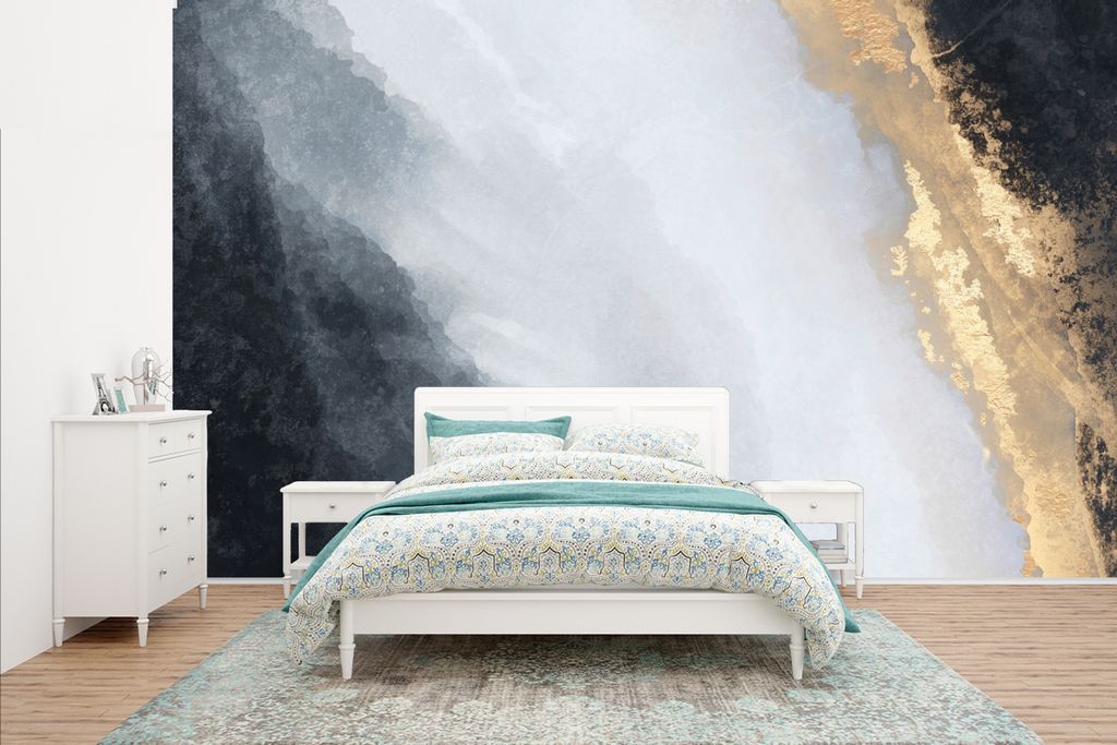 MuchoWow Fototapete für Wohnzimmer oder Schlafzimmer Wandtapete Vinyl Motivtapete Abstrakt - Farbe - Gold - Schwarz - Marmor - 435x260 cm - Kind...