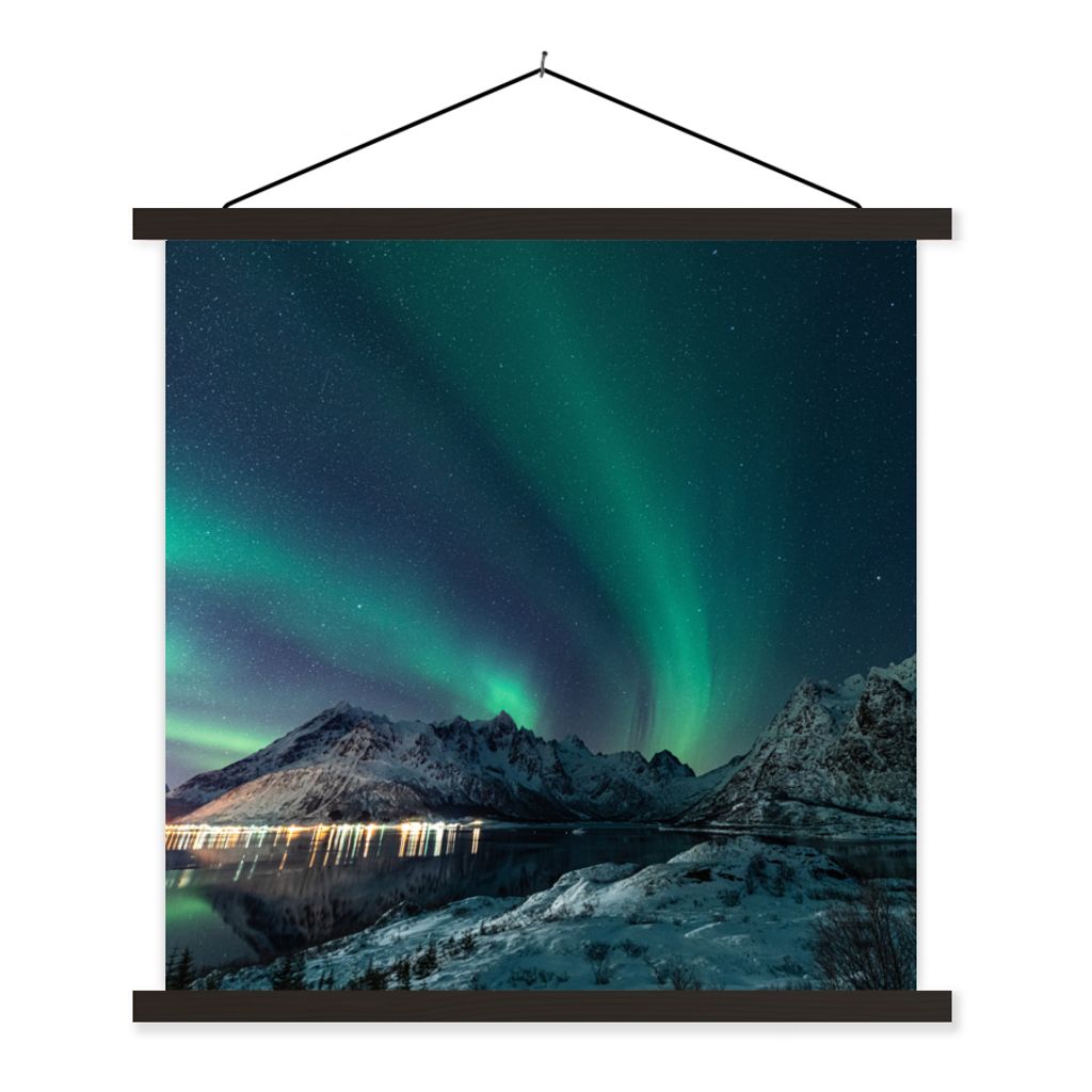 MuchoWow Textilposter Nordlicht - Berg - Schnee - Grün - Sternenhimmel - Winter 40x40 cm mit schwarzem Rahmen - Fotos