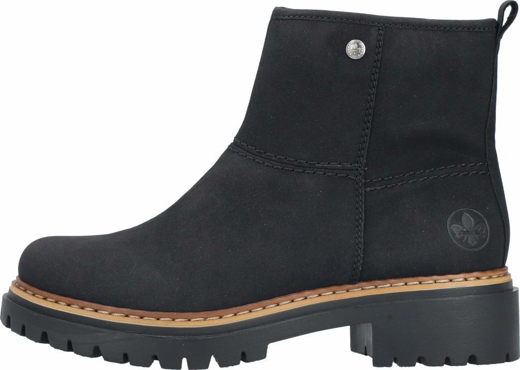 A side view of a black boot.