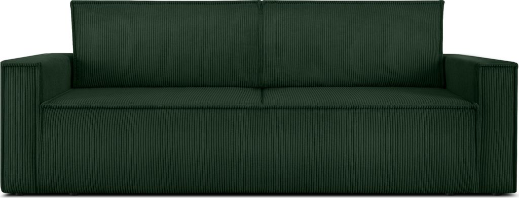 A dark green corduroy sofa is shown from the front against a white background.