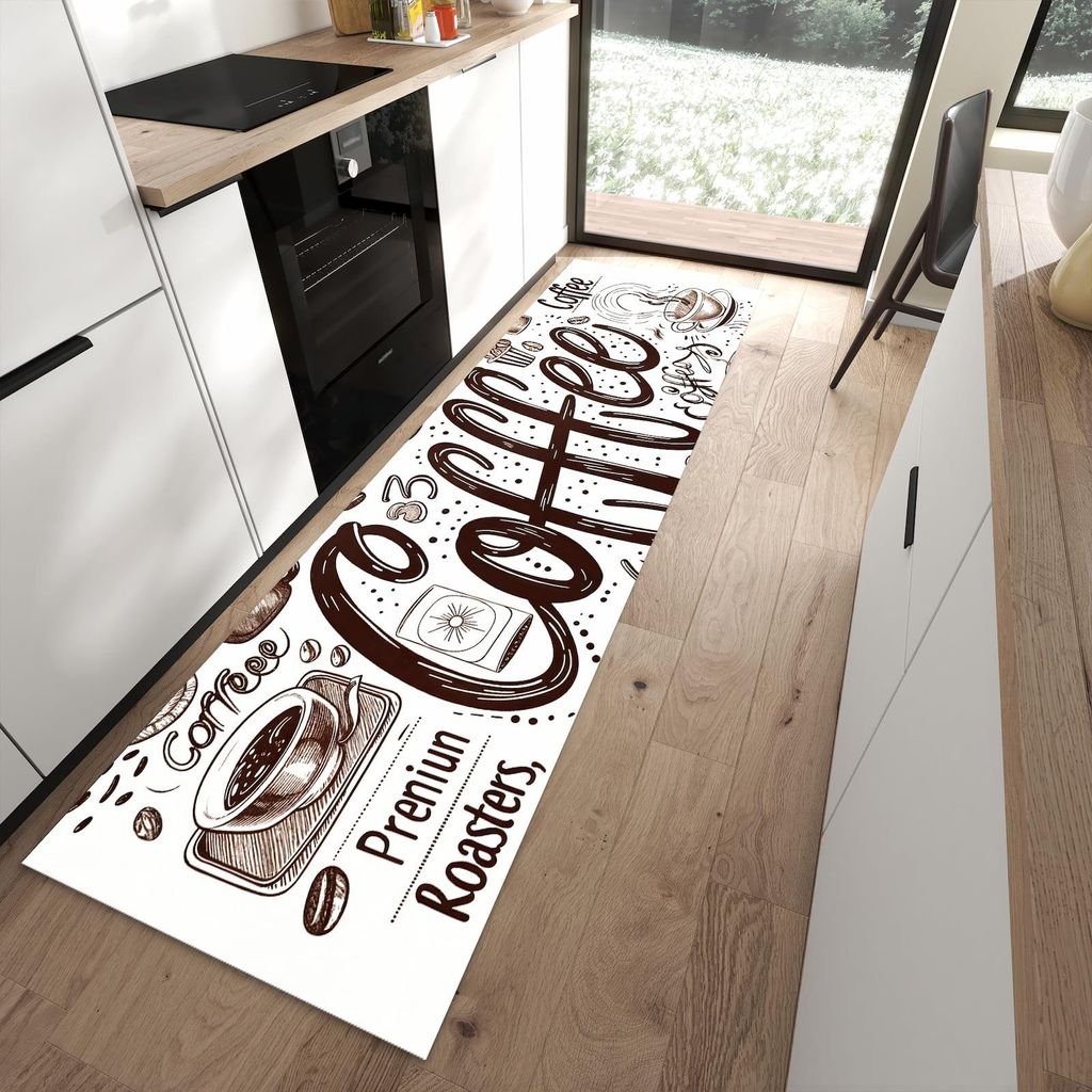 Küchenteppich 80x280cm rutschfest & abwischbar PVC Läufer - Kaffee Illustration