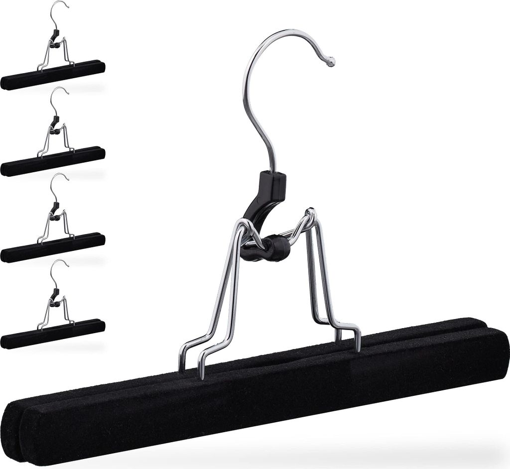 Relaxdays Hosenbügel 5er Set, Holz, schonender, Rutschfester Samtbezug, Rockbügel, Hosenspanner, B: 25 cm, schwarz
