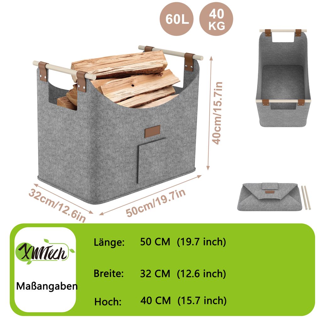 XMTECH 2 kusy plstené tašky na palivové drevo kôš na drevo Obrázok produktu 2