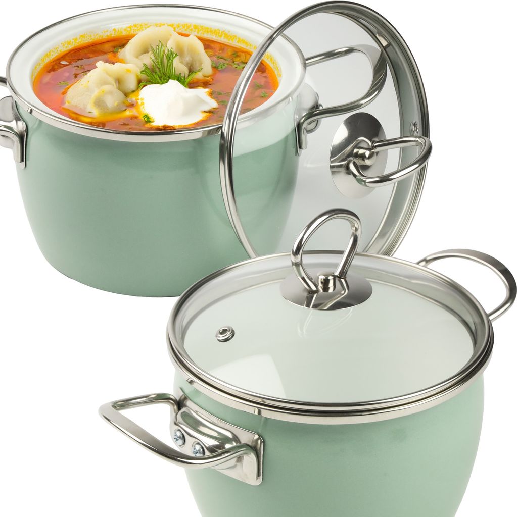 Two green enamel pots with glass lids, one filled with soup and dumplings.