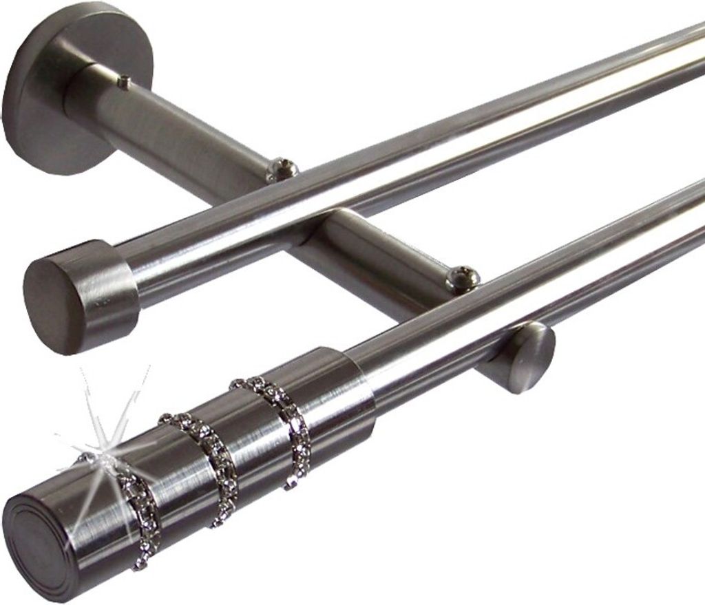 Gardinenstange Set Edelstahl Look Metall Ø 16mm zur Wandbefestigung 2-lauf Modern mit Kristall, Länge wählbar H22 E25 E16