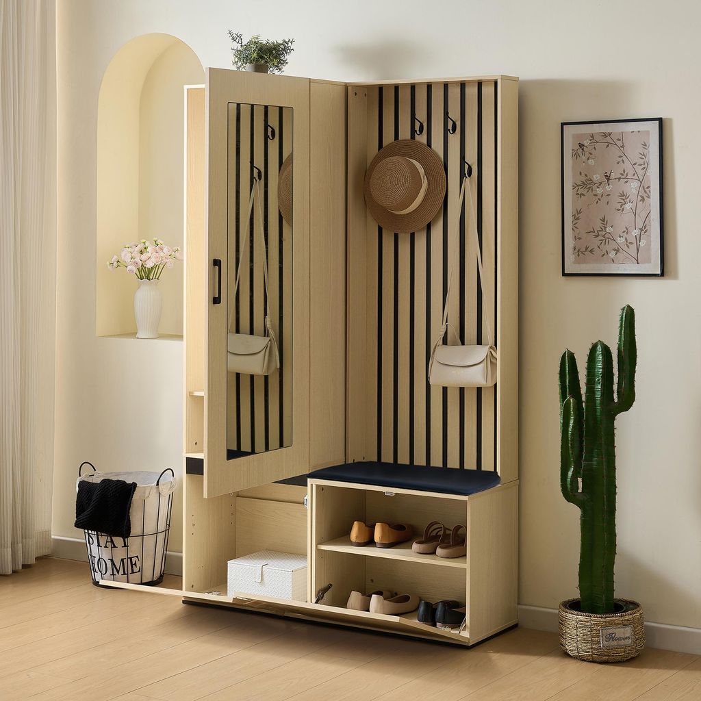 okwish Garderobenschrank-set Flurmöbel mit Kleiderhaken und Schuhfächer auch ausziehbarer Kleiderstange, Flurschrank Kleiderschrank mit Ganzkörp...