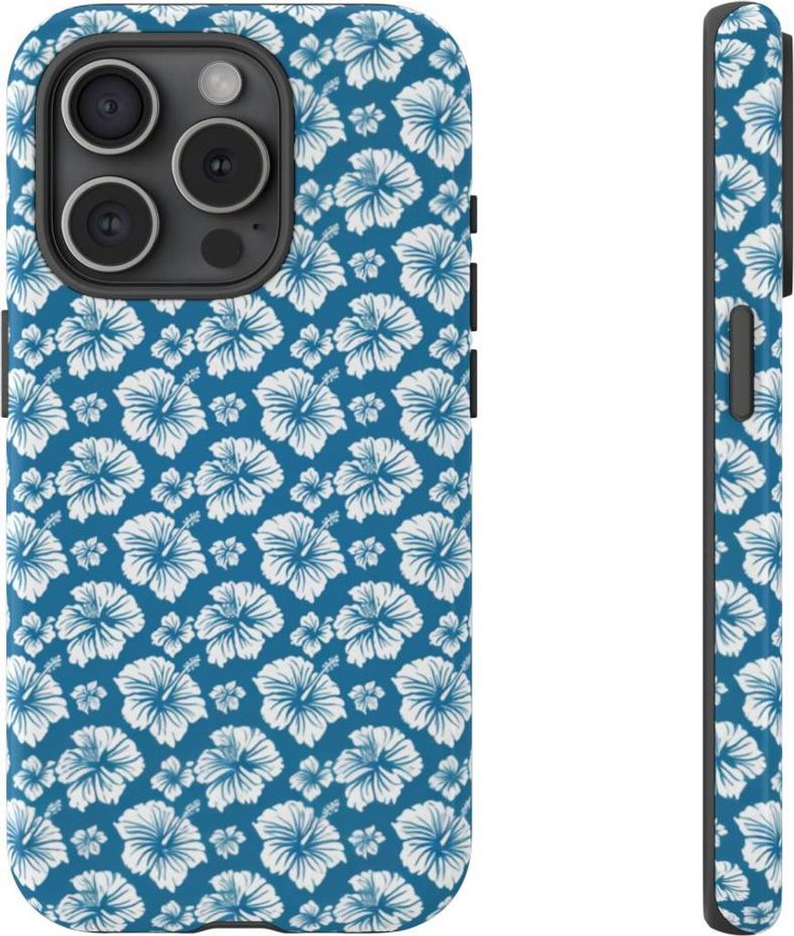 Weiße hawaiianische Blüten auf Blau – Hülle Kompatibel mit iPhone 15 Pro