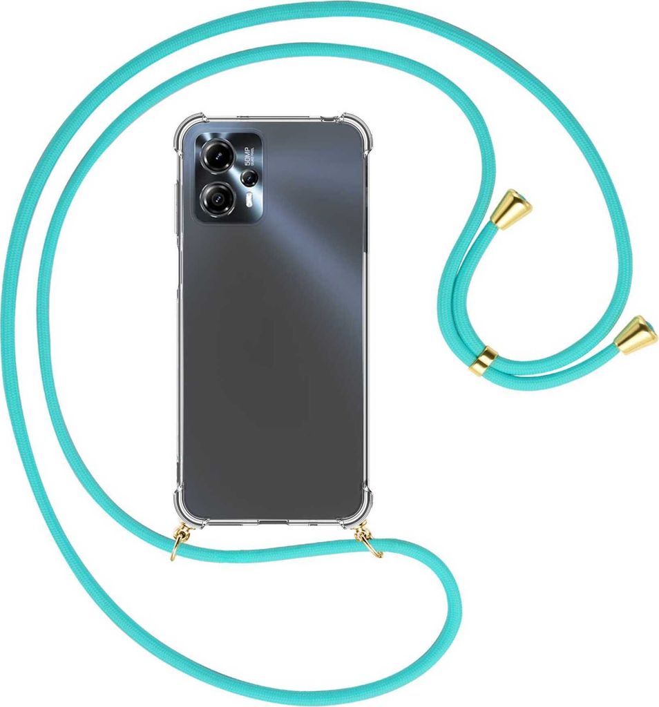 Handykette Backcover-Schutzhülle mit Band (Metall goldfarben) für Motorola Moto G13, Moto G23 (6.5'') - türkis