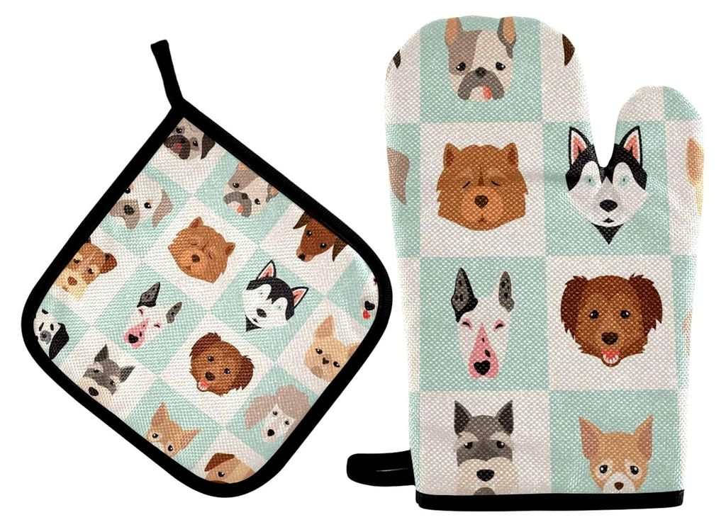 Ofenhandschuhe und Topflappen-Set mit Hundemotiv, hitzebeständig, für die Küche, rutschfester Griff für Mikrowelle, Grillen, Kochen, Backen