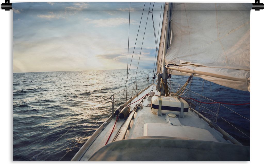MuchoWow Wandteppich Wandbehang Meer - Segelboot - Sonne 90x60 cm Tapisserie Dekoration Wandtuch - Wandskulpturen - Bildteppich