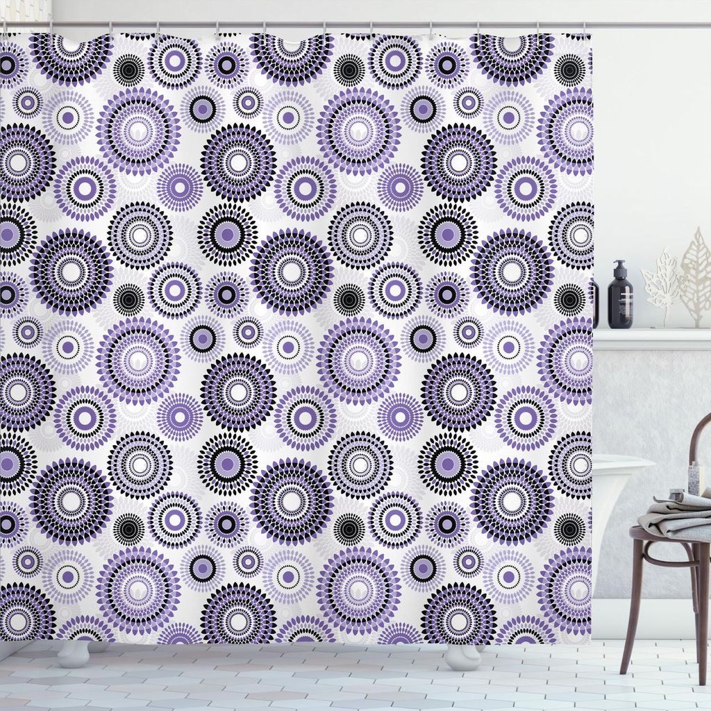 ABAKUHAUS Lila und Schwarz Duschvorhang, Mandala Inspiriertes Figuren Blütenblattähnliche Motiven, 175 x 220 cm, Violett Schwarz Weiß