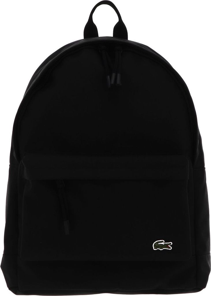 A black Lacoste backpack is shown against a white background.