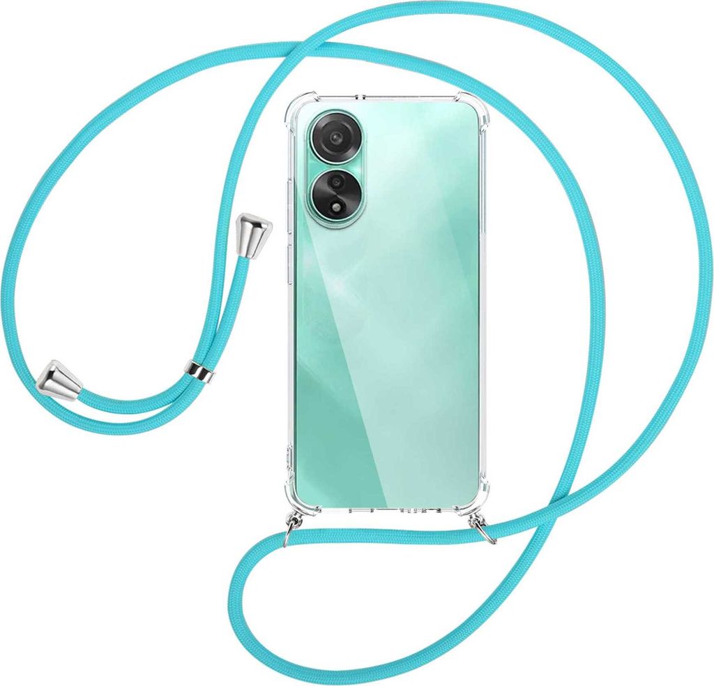 Handykette Backcover-Schutzhülle mit Band (Metall silberfarben) für Oppo A78 4G (CPH2565) - türkis