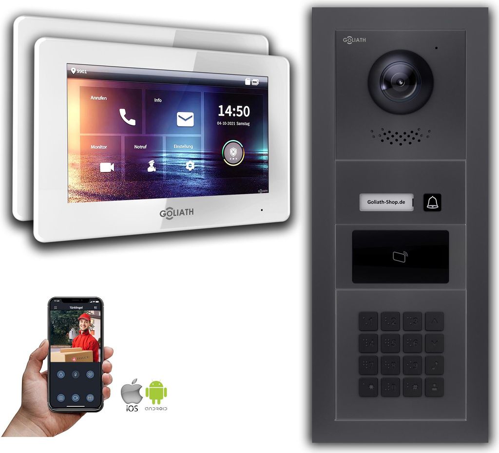 Türsprechanlage mit Kamera Goliath IP 2-Draht 2-Monitor Zahlencode RFID Anthrazit : Aufputzdose : 7 Zoll in Weiß Türklingel Montagedose: Aufputz...