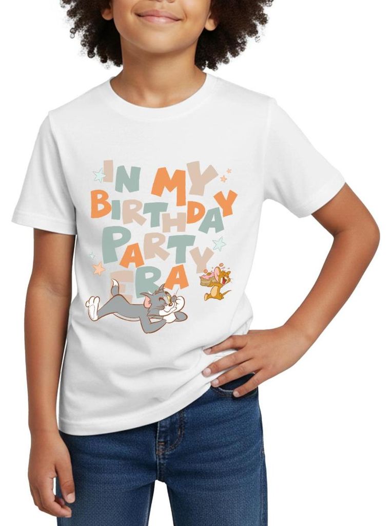 Spreadshirt Tom Und Jerry Geburtstags-Design Kinder T-Shirt, 122/128 (7-8 Jahre), Weiß