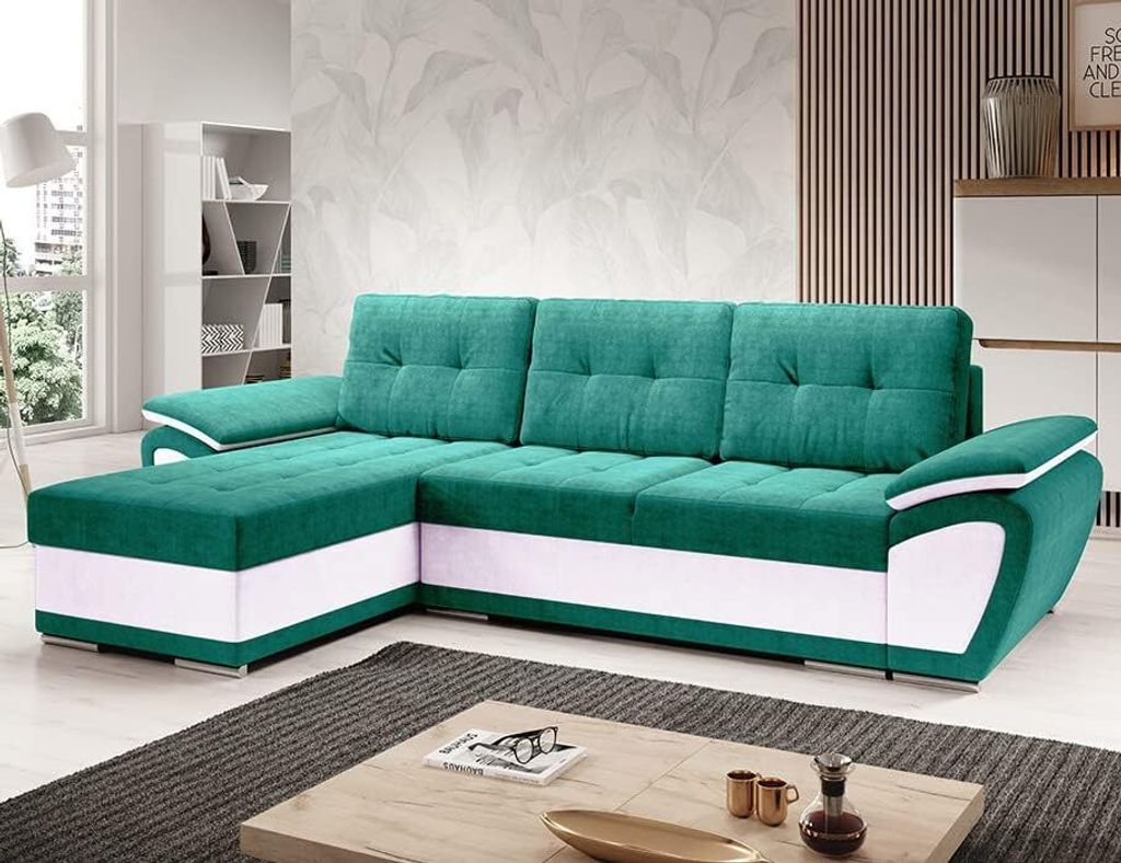 Easy4You ENZO Türkis/Weiß Ecksofa L-Form Links 268 x 97 x 157 cm mit Schlaffunktion und Stauraum - Schlafsofa mit Bettkasten - Moderne Wohnzimmer...