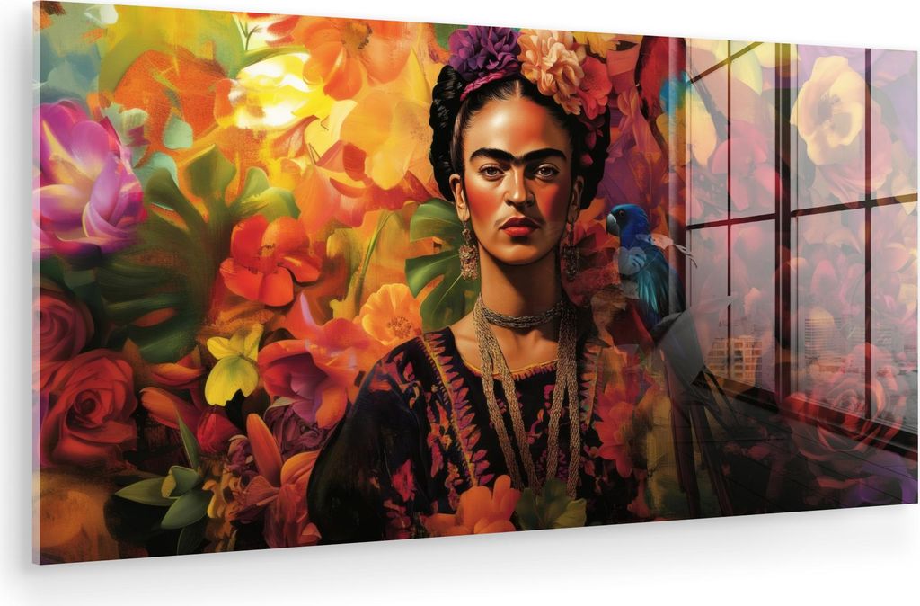 MuchoWow Glasbilder - Bilder auf Wandbild - Foto auf Glas Frau - Blumen - Papagei - Malerisch 120x60 cm Wanddekoration aus Glas - Acrylglasbild - A...