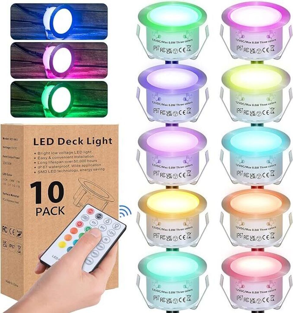 LED-Einbaustrahler Außendurchmesser 42 mm, IP67 wasserdicht, mit Fernbedienung, RGB dimmbar, Terrassen-Einbaustrahler, Outdoor für Terrasse, Garten