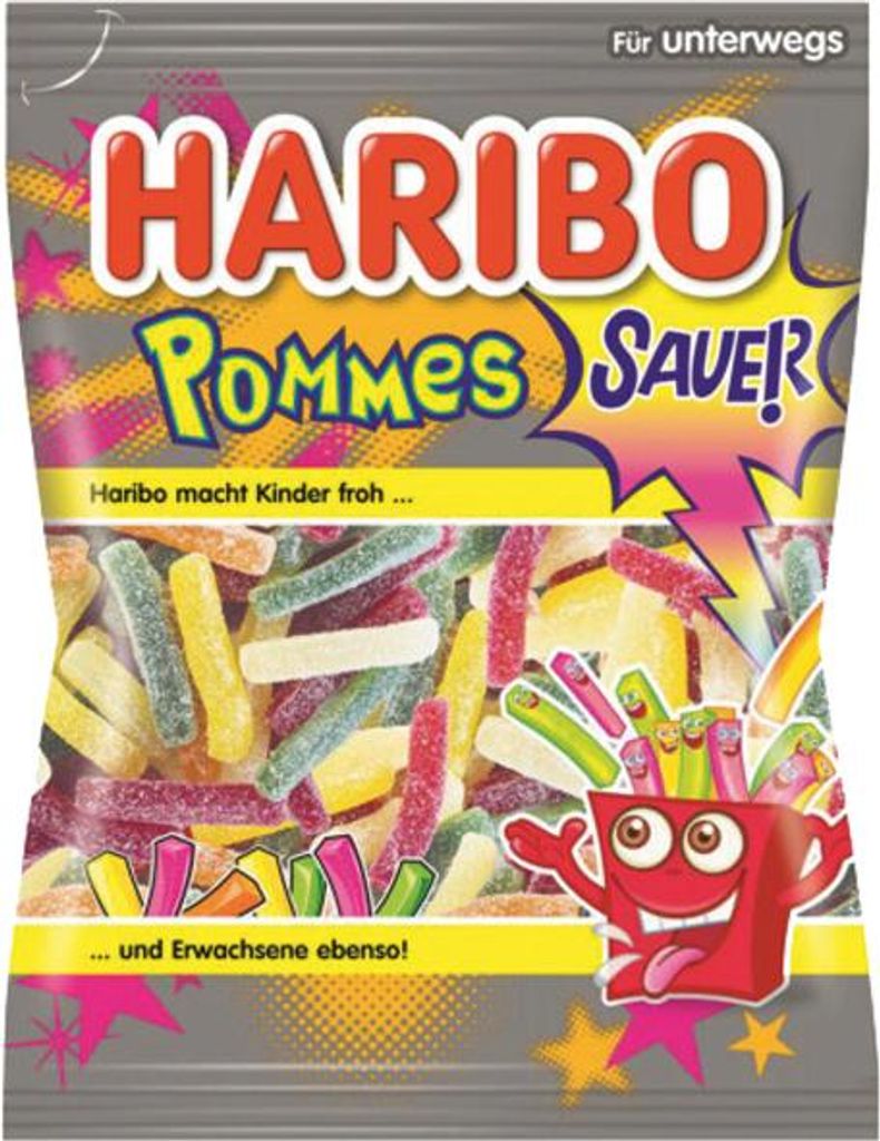 Haribo Pommes Saure, Gummibärchen, 100 g, Grapefruit, Zitrone, Orange, Pfirsich, Ananas, Mehrfarbig, 1434 kJ, 337 kcal