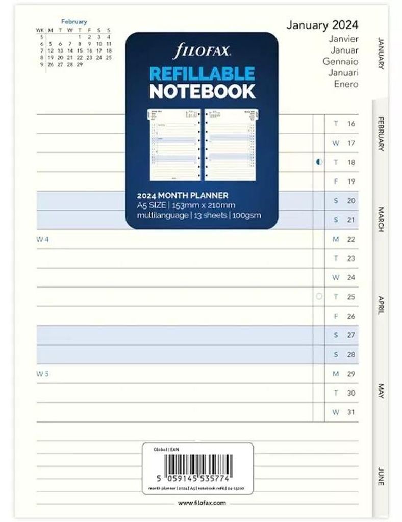 Náplň do bloku A5 s boční spirálou Filofax Notebook, měsíční přehled