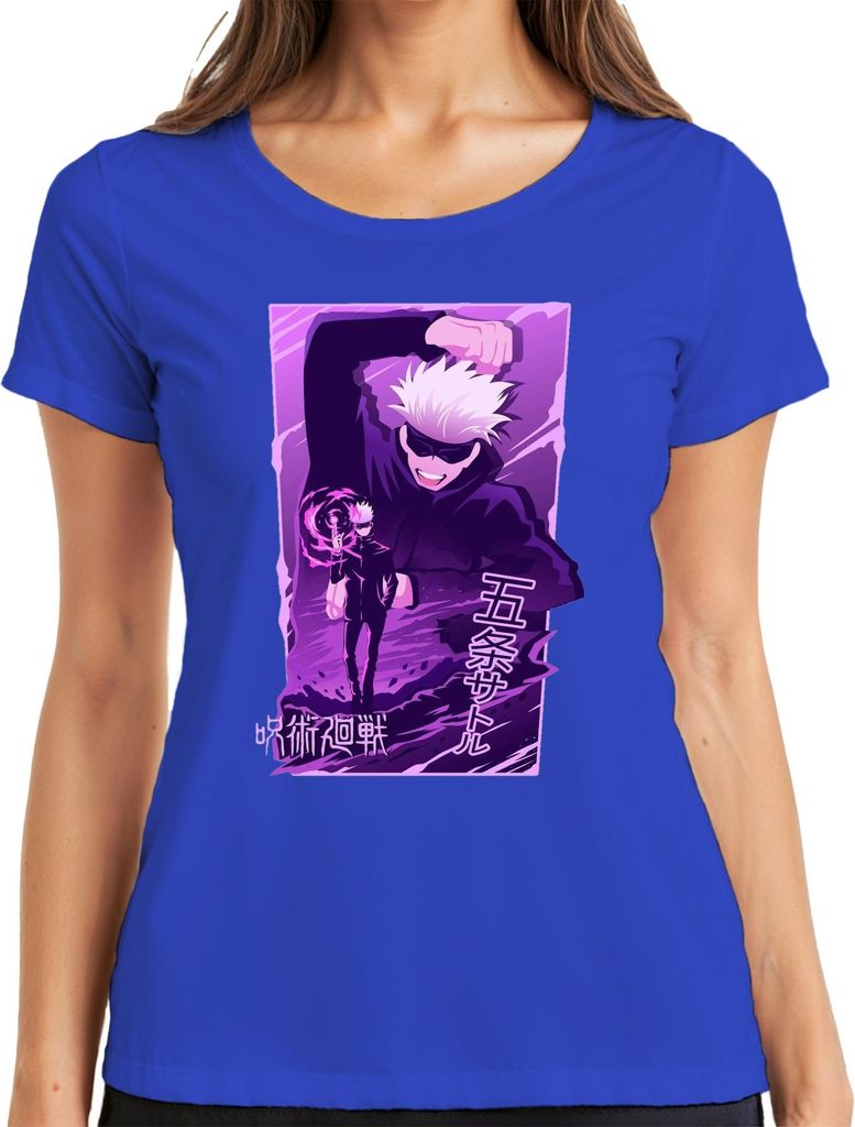 Gojo Satoru Jujutsu Kaisen weißes Haar Anime Ästhetik Geschenk Damen T-Shirt, Blau, M