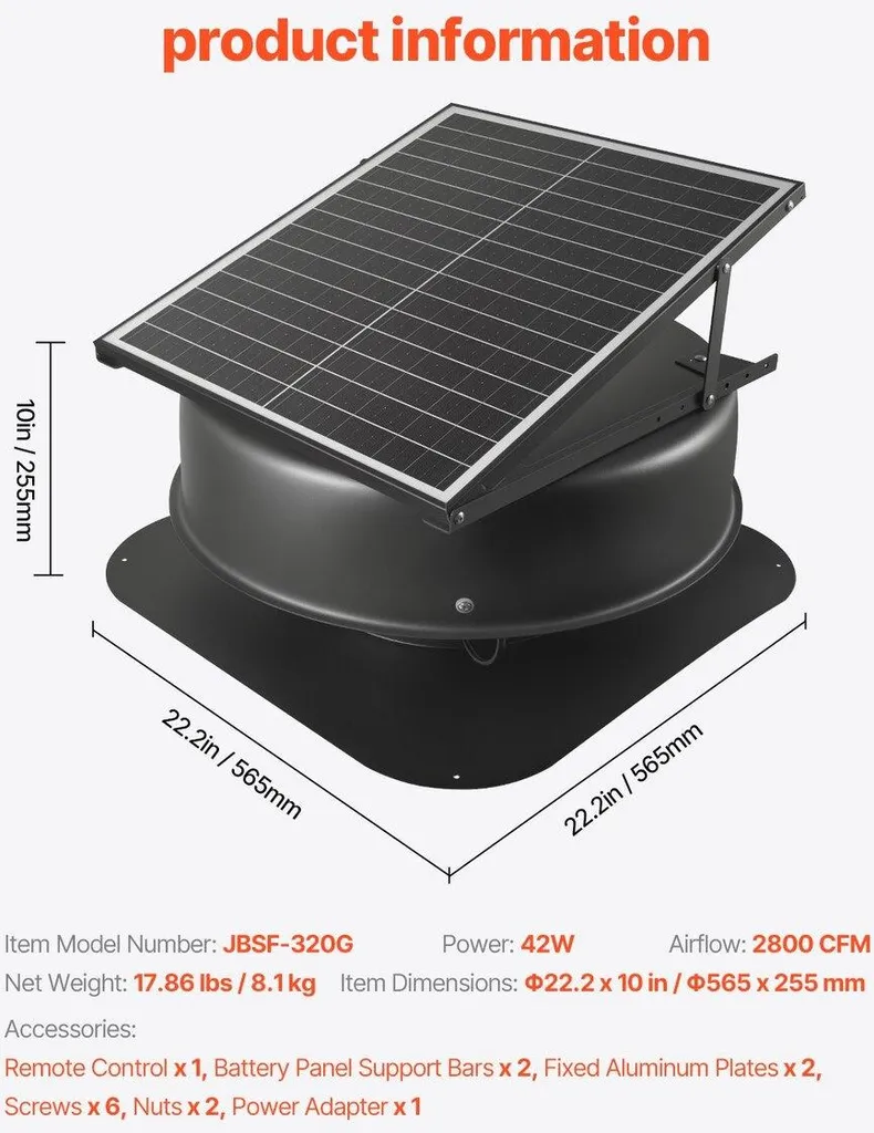 Ventilateur d'extraction solaire 42W pour ventiler greniers et combles