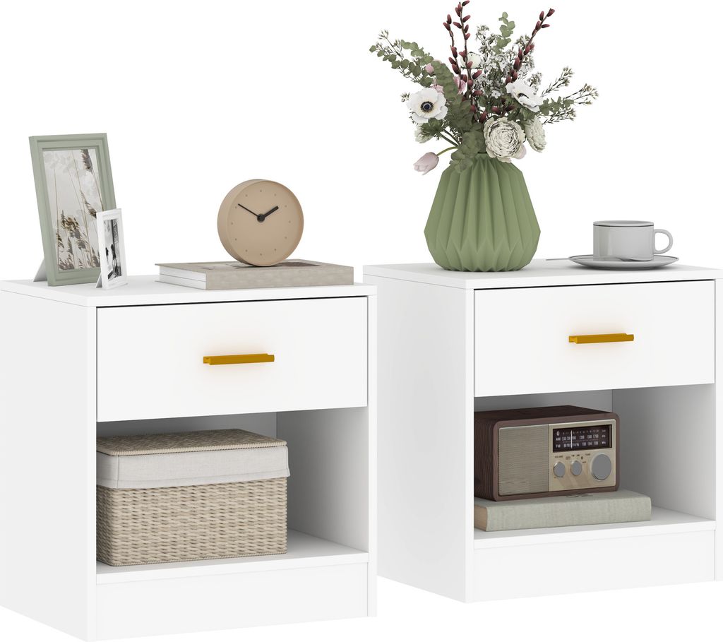 HOMCOM 2er-Set Moderne Nachttische mit Schublade und offenem Regal, Schlafzimmer-Nachttische aus Spanplatte, 39 x 28 x 41 cm, weiß