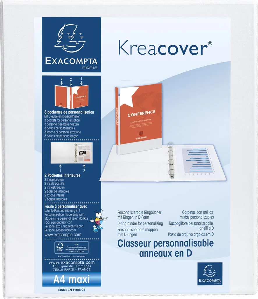 Classeur 4 Anneaux D 20mm en PP Blanc A4 Maxi Exacompta 51841E Robuste