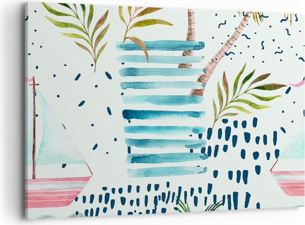 Bild auf Leinwand - Leinwandbild - Aquarell palme tropisch boot - 120x80cm - Wand Bild - Wanddeko - Leinwanddruck - Bilder - Kunstdruck - Wanddekor...