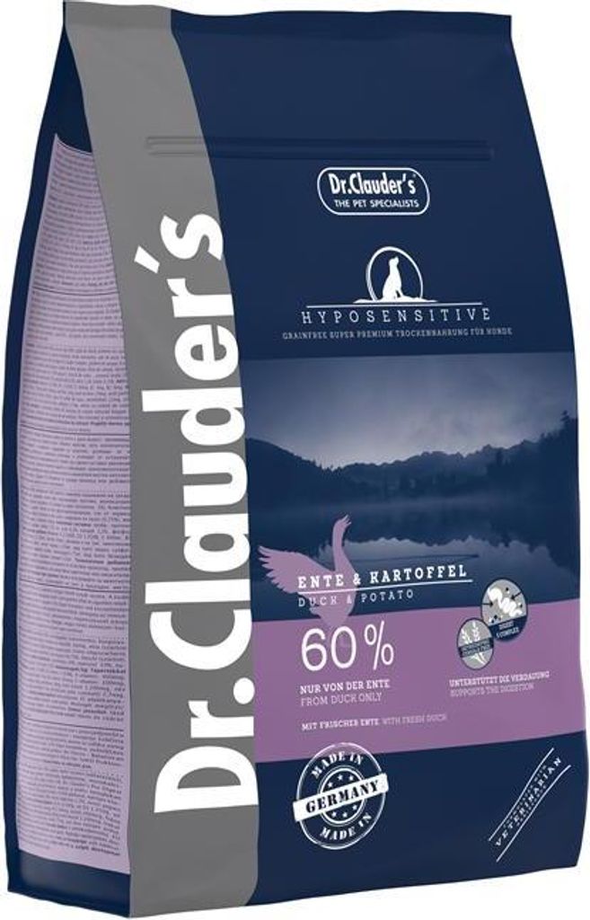 A bag of dog food with a landscape and a duck illustration.