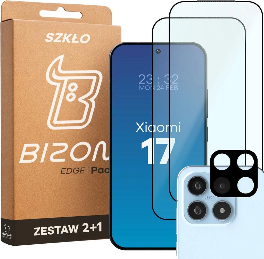 2x Gehärtetes Glas + Kameraschutz für Xiaomi 17, Bizon Glass Edge Pack, Schwarz
